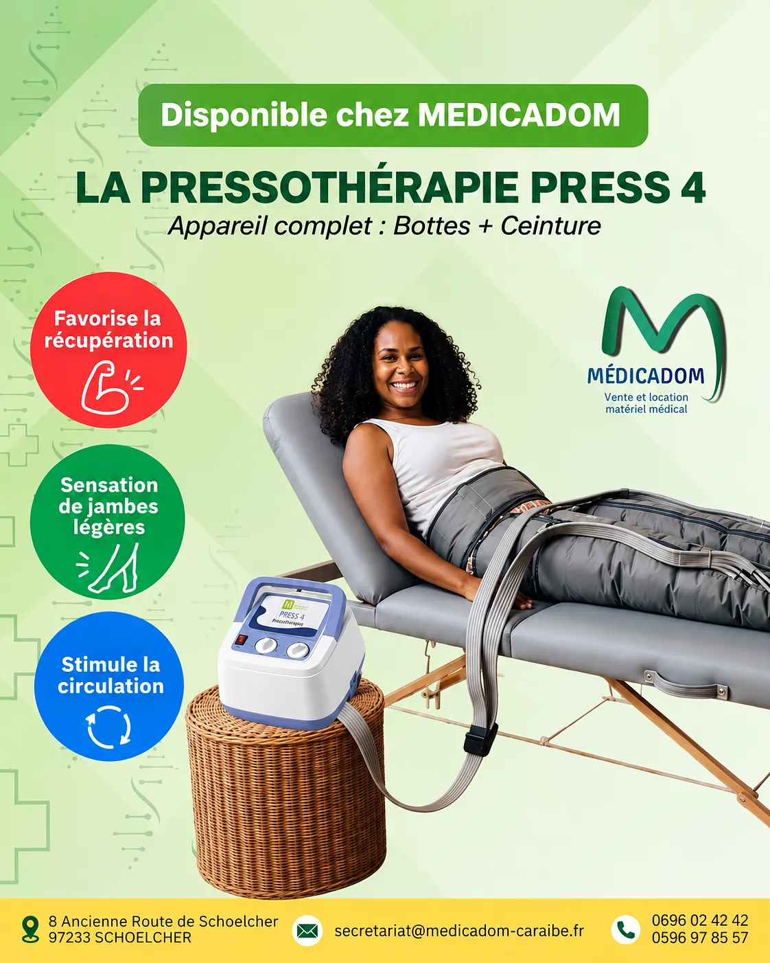Appareil de pressothérapie PRESS 4 avec bottes de compression pour les jambes lourdes et le drainage lymphatique, proposé par MEDICADOM en Martinique.