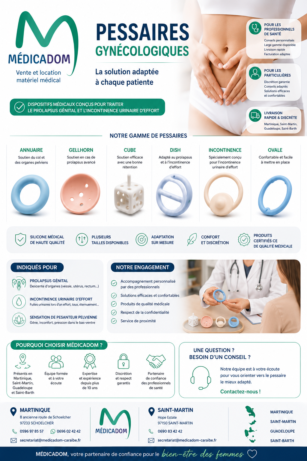 Pessaires gynécologiques GYNEAS disponibles chez MEDICADOM en Martinique et Saint-Martin (SXM) dispositifs médicaux pour la prise en charge du prolapsus génital, de la descente d’organes et de l’incontinence urinaire d’effort.